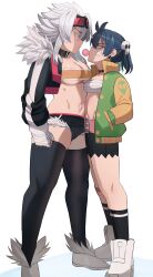 Rule 34 | 2girls, absurdres, bandaged hand, bandages, black jacket, black shorts, black socks, black thighhighs, blue hair, boots, breasts, blowing bubbles, chewing gum, cleavage, commentary, cropped jacket, eye contact, green jacket, hair between eyes, hair ornament, hand in pocket, highres, jacket, ji-yoon (jourd4n), jourd4n, long sleeves, looking at another, medium breasts, multiple girls, navel, open clothes, open jacket, original, puffy long sleeves, puffy sleeves, red eyes, sarashi, shadow, short shorts, shorts, simple background, skull hair ornament, socks, symbol-only commentary, thighhighs, twintails, v-shaped eyebrows, white background, white footwear, white hair