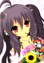 Rule 34 | 1girl, absurdres, colorized, digital media player, flower, food, highres, ipod, kuroneko (fragrant olive), lineart, long hair, looking at viewer, monochrome, original, pocky, purple hair, solo