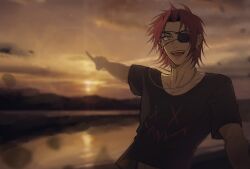 Rule 34 | 1boy, black shirt, cloud, earrings, eyepatch, green eyes, heartsteel kayn, highres, jewelry, kayn (league of legends), league of legends, looking at viewer, male focus, necklace, open mouth, outdoors, parted bangs, pink hair, pointing, shirt, short hair, short sleeves, sky, smile, solo, sunlight, sunset, teeth, upper body, water, zyrophin