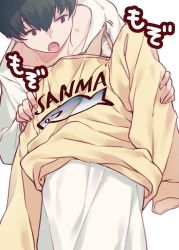 Rule 34 | 1boy, 1girl, 40hara, animal ear fluff, animal ears, arm up, blonde hair, cat ears, clothes writing, commentary request, dressing, kinako (40hara), looking at another, open mouth, original, shirt, simple background, sweater on head, translation request, upper body, white shirt