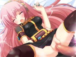 Rule 34 | 1girl, black thighhighs, blush, censored, detached sleeves, closed eyes, fingernails, headphones, lying, megurine luka, missionary, nail polish, navel, on back, open mouth, penis, pink hair, pov, pussy, pussy juice, sex, solo, spread legs, sweat, thighhighs, third-party edit, tongue, vaginal, vocaloid, zettai ryouiki