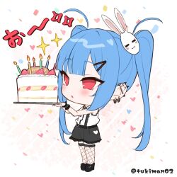 Rule 34 | 1girl, bare arms, bare shoulders, birthday cake, black footwear, black skirt, blue hair, blush, cake, candle, chibi, collared shirt, commentary request, ear piercing, fire, fishnet thighhighs, fishnets, food, fruit, full body, hair ornament, hairclip, heart, highres, holding, holding plate, long hair, looking away, original, parted lips, piercing, plate, rabbit hair ornament, red eyes, shirt, shoes, simple background, skirt, sleeveless, sleeveless shirt, solo, sparkle, standing, strawberry, thighhighs, translation request, tsukiman, twintails, twitter username, very long hair, white background, white shirt, wrist cuffs
