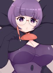 Rule 34 | 1girl, berserkwitchart, black gloves, blunt bangs, bob cut, breasts, cleavage, creatures (company), elite four, frown, game freak, glasses, gloves, grey background, hand up, holding, holding pen, large breasts, lips, looking at viewer, nintendo, parted lips, pen, pokemon, pokemon bw, purple eyes, purple shirt, rimless eyewear, round eyewear, shauntal (pokemon), shirt, short hair, simple background, solo, taut clothes, taut shirt, upper body
