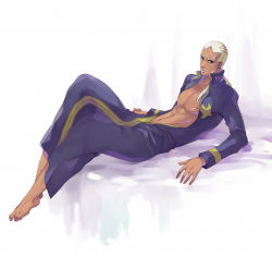 Rule 34 | 1boy, barefoot, bed, dark skin, dark-skinned male, enrico pucci, ffc, jojo no kimyou na bouken, looking at viewer, male focus, open clothes, open shirt, ponytail, shirt, solo, white hair