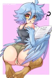 Rule 34 | 1girl, ?, absurdres, ahoge, anus, anus peek, ass, bare shoulders, bird legs, black tank top, blue feathers, blue hair, blue wings, blush, book, brown eyes, commentary, english commentary, feathered wings, feathers, hair between eyes, harpy, highres, holding, holding book, littlepengo, looking at viewer, looking back, monster girl, monster musume no iru nichijou, open mouth, papi (monster musume), partially visible vulva, pink background, scales, short hair, shorts, solo, talons, tank top, twitter username, two-tone eyes, winged arms, wings, yellow eyes