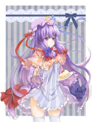 Rule 34 | 1girl, bad id, bad pixiv id, blush, bow, breasts, cake, capelet, crescent, dress, female focus, food, fork, fruit, hair bow, hat, highres, long hair, medium breasts, patchouli knowledge, plate, purple eyes, purple hair, ribbon, smile, solo, strawberry, thighhighs, touhou, transistor, very long hair, white thighhighs