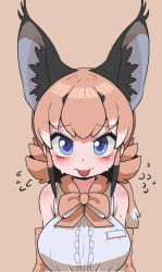 Rule 34 | 1girl, animal costume, animal ear fluff, animal ears, black hair, blue eyes, blush, bow, bowtie, breasts, caracal (kemono friends), caracal ears, elbow gloves, gloves, highres, kemono friends, kemono friends v project, large breasts, long hair, looking at viewer, multicolored hair, onaji (sokudo seigen), orange hair, shirt, sleeveless, sleeveless shirt, solo, sweat, tongue, virtual youtuber
