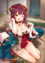 Rule 34 | 1girl, ;d, ahoge, alt (ctrldel), atelier (series), atelier sophie, atelier sophie 2, basket, blush, boots, breasts, brown eyes, brown footwear, brown ribbon, cleavage, commentary request, hair ribbon, highres, long sleeves, looking at viewer, medium breasts, one eye closed, open mouth, red hair, ribbon, short hair, sitting, smile, solo, sophie neuenmuller, thighs, wet, wet clothes