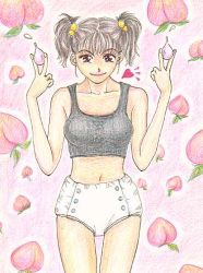 Rule 34 | 1girl, brown eyes, brown hair, collarbone, diaper, food, fruit, hair bobbles, hair ornament, holding, holding food, holding fruit, lowres, midriff, navel, peach, short hair, short twintails, smile, solo, traditional media, twintails