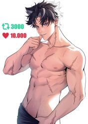 Rule 34 | 1boy, abs, absurdres, bara, black hair, black pants, blue eyes, clothes pull, commentary, earrings, english commentary, genshin impact, highres, jewelry, looking at viewer, male focus, meme, merururuu, milestone celebration, multicolored hair, muscular, muscular male, navel, nipples, pants, pectorals, scar, scar on arm, scar on chest, scar on face, seductive smile, short hair, simple background, smile, solo, stomach, sweat, topless male, twitter strip game (meme), white background, wriothesley (genshin impact)