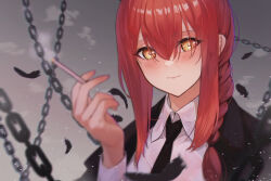 Rule 34 | 1girl, black jacket, black necktie, blush, braid, braided ponytail, breasts, chain, chainsaw man, cigarette, closed mouth, collared shirt, dress shirt, feathers, highres, jacket, jacket on shoulders, large breasts, long hair, long sleeves, looking at viewer, makima (chainsaw man), necktie, red hair, ringed eyes, shirt, sidelocks, solo, ura illust, white shirt, yellow eyes