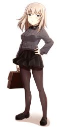 Rule 34 | 10s, 1girl, bag, black footwear, black pantyhose, black skirt, blue eyes, closed mouth, dress shirt, full body, girls und panzer, grey shirt, hand on own hip, highres, holding, itsumi erika, light frown, loafers, long hair, long sleeves, looking at viewer, miniskirt, pantyhose, pleated skirt, school bag, school uniform, shirt, shoes, silver hair, simple background, skirt, solo, standing, viscount shishamo, white background