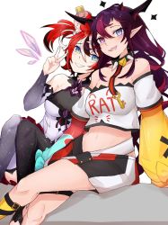 Rule 34 | animal ears, black hair, blue eyes, collar, cosplay, costume switch, detached sleeves, hair ornament, hakos baelz, hakos baelz (cosplay), heterochromia, highres, hololive, hololive english, horns, irys (hololive), irys (hololive) (cosplay), key, long hair, midriff, mouse ears, mouse girl, mouse tail, multicolored hair, multiple girls, open mouth, pointy ears, purple eyes, purple hair, red hair, smile, spiked collar, spikes, streaked hair, tail, topopopokoko, twintails, virtual youtuber, white hair, wings