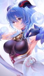 Rule 34 | 1girl, ahoge, armpits, bell, blue gloves, blue hair, bow (weapon), breasts, bubble, closed mouth, cowbell, detached sleeves, ganyu (genshin impact), genshin impact, gloves, goat horns, hair between eyes, highres, holding, holding bow (weapon), holding weapon, hoojiro, horns, large breasts, long hair, looking away, purple eyes, solo, weapon
