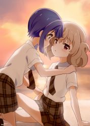 Rule 34 | 2girls, aayh, arm support, blue eyes, blue hair, brown hair, brown necktie, brown skirt, commentary request, diagonal-striped clothes, diagonal-striped necktie, eye contact, hair between eyes, hand on another&#039;s shoulder, knee up, looking at another, minagi hiyori, multiple girls, necktie, outdoors, parted lips, plaid, plaid skirt, pleated skirt, profile, purple eyes, school uniform, short sleeves, sitting, skirt, slow loop, striped clothes, sunset, twintails, yoshinaga koi, yuri