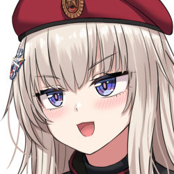 Rule 34 | 1girl, ak74m (girls&#039; frontline), beret, blonde hair, blue eyes, blush, girls&#039; frontline, hair ornament, hat, hat ornament, long hair, looking away, open mouth, portrait, red headwear, red star, russian flag, smile, snowflake hair ornament, solo focus, star (symbol), star hat ornament, white background, yakob labo