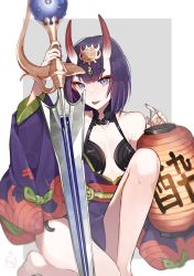 Rule 34 | 1girl, absurdres, bare shoulders, barefoot, blue eyes, collarbone, commentary request, eyebrows hidden by hair, fate/grand order, fate (series), feet out of frame, grey background, hayate fish, headpiece, highres, holding, holding sword, holding weapon, horns, japanese clothes, kimono, lantern, long sleeves, looking at viewer, off shoulder, oni, paper lantern, purple hair, purple kimono, short eyebrows, shuten douji (fate), skin-covered horns, solo, sword, thick eyebrows, two-tone background, weapon, white background, wide sleeves