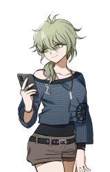 Rule 34 | 1girl, amami rantaro, antenna hair, belt, breasts, brown shorts, cellphone, closed mouth, collarbone, cowboy shot, danganronpa (series), danganronpa v3: killing harmony, ear piercing, genderswap, genderswap (mtf), green eyes, green hair, hair between eyes, holding, holding phone, jewelry, long sleeves, looking at viewer, medium breasts, medium hair, messy hair, necklace, no (xpxz7347), off-shoulder shirt, off shoulder, phone, piercing, ponytail, shirt, short shorts, shorts, simple background, single bare shoulder, smartphone, smile, solo, striped clothes, striped shirt, white background