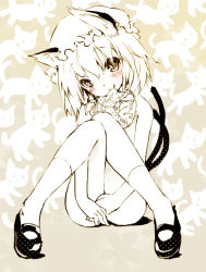 Rule 34 | 1girl, animal ears, bad id, bad pixiv id, blush, cat ears, cat girl, cat tail, chen, covering privates, covering crotch, fang, female focus, hat, head tilt, knees together feet apart, knees together feet apart, looking at viewer, mary janes, monochrome, mouth hold, multiple tails, naughty face, nekomata, nude, nude cover, panties, panties in mouth, saeki touma, shoes, side-tie panties, sitting, slit pupils, smile, solo, tail, touhou, underwear