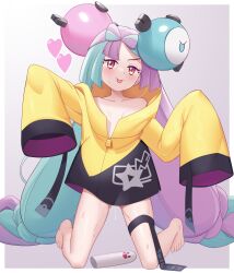 Rule 34 | 1girl, barefoot, blush, border, bow-shaped hair, character hair ornament, closed mouth, collarbone, commentary, creatures (company), eyelashes, full body, game freak, gazing eye, green hair, grey background, hair ornament, heart, highres, iono (pokemon), jacket, kneeling, long hair, looking at viewer, multicolored hair, nintendo, no shirt, pokemon, pokemon sv, purple hair, pussy juice, sleeves past fingers, sleeves past wrists, smile, solo, star (symbol), star print, sweat, thigh strap, toes, tongue, tongue out, twintails, two-tone hair, very long hair, white border, yellow jacket