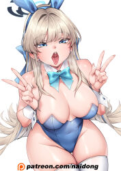 Rule 34 | 1girl, animal ears, bare shoulders, blonde hair, blue archive, blue eyes, blue hair, blue leotard, breasts, cleavage, collar, double v, earrings, fake animal ears, halo, highres, jewelry, large breasts, leotard, long hair, multicolored hair, naidong (artist), open mouth, patreon username, playboy bunny, rabbit ears, simple background, sitting, solo, teeth, thigh gap, thighhighs, toki (blue archive), tongue, tongue out, two-tone hair, upper teeth only, v, white background, white thighhighs, wrist cuffs