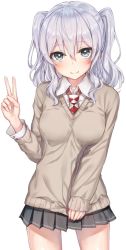 Rule 34 | 10s, 1girl, argyle, argyle clothes, argyle necktie, argyle neckwear, blush, closed mouth, collared shirt, cowboy shot, eyebrows, grey eyes, grey skirt, hair between eyes, hakuishi aoi, hand gesture, kantai collection, kashima (kancolle), long hair, long sleeves, looking at viewer, miniskirt, necktie, pleated skirt, shirt, silver hair, simple background, skirt, smile, solo, sweater, thighs, twintails, v, wavy hair, white background, white shirt, wing collar