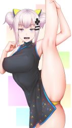 Rule 34 | 1girl, :d, alternate costume, alternate hairstyle, black dress, blue eyes, breasts, china dress, chinese clothes, covered erect nipples, dress, flexible, ginhaha, hair bun, hair ornament, heart, heart-shaped pupils, kaguya luna, kneepits, large breasts, leg up, looking at viewer, open mouth, panties, partially visible vulva, silver hair, single hair bun, smile, solo, split, standing, standing on one leg, standing split, symbol-shaped pupils, the moon studio, underwear, virtual youtuber, yellow panties