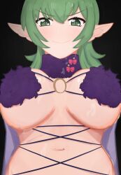 Rule 34 | breasts, fire emblem, fire emblem heroes, green eyes, green hair, highres, huge breasts, mash kyrielight, mash kyrielight (dangerous beast), nintendo, pointy ears, revealing clothes, smile, tiki (adult) (fire emblem), tiki (fire emblem)