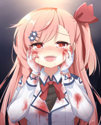 Rule 34 | 1girl, :d, absurdres, black background, black shirt, blood, blood on clothes, blood on face, blush, bow, breasts, commentary, english commentary, fangs, girls&#039; frontline, gloves, gradient background, grey background, hair between eyes, hair bow, hair ornament, hairclip, hands on own face, highres, ikazu401, jacket, long hair, long sleeves, looking at viewer, medium breasts, negev (girls&#039; frontline), nose blush, one side up, open mouth, pink hair, red bow, red eyes, saliva, shirt, slit pupils, smile, solo, white gloves, white jacket, yandere