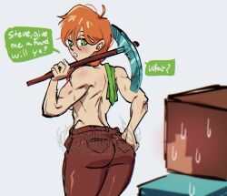 Rule 34 | 1girl, alex (minecraft), alternate muscle size, azure nimbus, back, english text, freckles, green eyes, hand on own hip, highres, holding, holding pickaxe, looking back, minecraft, muscular, muscular female, orange hair, pickaxe, ponytail, steve (minecraft), unworn clothes, white background