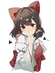 Rule 34 | 1girl, bow, brown eyes, brown hair, cropped torso, detached sleeves, hair bow, hair tubes, hakurei reimu, hand on own chin, higa (gominami), looking at viewer, red bow, ribbon-trimmed sleeves, ribbon trim, solo, touhou, upper body, white background