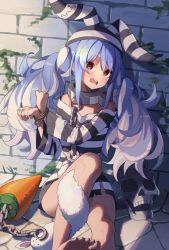 Rule 34 | 1girl, absurdres, against wall, animal ears, bare shoulders, barefoot, blue hair, blush, bound, bound wrists, braid, chain, collar, dot nose, feet out of frame, hair between eyes, highres, hikimayu, hololive, knee up, long hair, long sleeves, looking at viewer, no pants, off-shoulder shirt, off shoulder, open mouth, orange eyes, parted bangs, prison clothes, rabbit ears, rabbit girl, rope, shirt, short eyebrows, sidelocks, sitting, skull, solo, sooon, stone wall, striped clothes, striped headwear, striped shirt, teeth, thick eyebrows, torn clothes, twin braids, upper teeth only, usada pekora, usada pekora (prisoner), virtual youtuber, wall, white hair