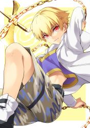 Rule 34 | 1boy, axe, battle axe, belt, blonde hair, camouflage, camouflage shorts, chain, child gilgamesh (fate), commentary request, crop top, enkidu (weapon) (fate), fate/grand order, fate (series), gate of babylon (fate), gilgamesh (fate), grin, hair between eyes, highres, holding, holding weapon, jacket, jumping, long sleeves, looking at viewer, male focus, natsuko (bluecandy), open clothes, open jacket, parted lips, polearm, red eyes, shoes, shorts, smile, solo, weapon, white jacket