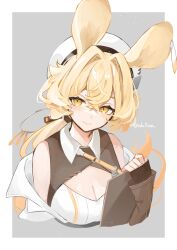 Rule 34 | 1girl, andou yuna, animal ears, arknights, beret, blonde hair, breasts, cleavage, clipboard, cropped torso, dorothy (arknights), grey background, hat, highres, holding, holding clipboard, long hair, low ponytail, medium breasts, solo, twitter username, yellow eyes