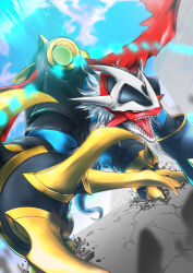 Rule 34 | absurdres, armor, bad id, bad pixiv id, cannon, claws, digimon, digimon (creature), dragon, highres, horns, imperialdramon, imperialdramon dragon mode, incoming attack, jiyuuya, no humans, open mouth, sharp teeth, teeth, white hair, wings