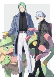 Rule 34 | 2boys, alternate costume, artist name, belt, black footwear, black pants, black shirt, buttons, closed mouth, coat, commentary request, cradily, creatures (company), game freak, gen 3 pokemon, green hair, grey coat, grey hair, highres, long sleeves, ludicolo, male focus, multiple boys, nintendo, open clothes, open coat, pants, parted lips, pokemon, pokemon (creature), pokemon rse, shirt, shoes, smile, standing, steven stone, wallace (pokemon), watermark, white pants, xia (ryugo)