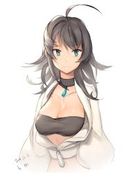 Rule 34 | 10s, 1girl, 2014, ahoge, aqua eyes, artist name, bad id, bad pixiv id, bandeau, black hair, breasts, cleavage, coat, collarbone, crop top, dated, jacket, jewelry, large breasts, looking at viewer, midriff, mt (ringofive), necklace, open clothes, open jacket, original, pendant, signature, simple background, solo, strapless, tube top, upper body, white background