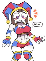 Rule 34 | 1girl, abs, absurdres, alternate muscle size, blush, breasts, brown hair, cleavage, colored skin, english text, fingerless gloves, gloves, hat, highres, jester cap, large breasts, looking down, muscular, muscular female, pomni (the amazing digital circus), roadi3, shorts, solo, tank top, the amazing digital circus, white skin