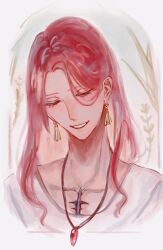 Rule 34 | 1boy, ao (en6gtl), bishounen, chest jewel, closed eyes, cropped torso, earrings, fate/grand order, fate (series), highres, jewelry, long hair, loose hair strand, male focus, pendant, red hair, shirt, smile, solo, tristan (fate)