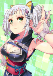 Rule 34 | 1girl, armpits, breasts, cleavage, cleavage cutout, closed mouth, clothing cutout, commentary request, green background, green eyes, hair ornament, hairclip, hand on own hip, highres, kaguya luna, medium breasts, obi, sash, short hair, silver hair, smile, solo, the moon studio, tsurukame (doku), twintails, virtual youtuber