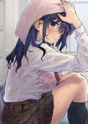 Rule 34 | 1girl, bag, black hair, black legwear, blue eyes, blush, bra, bra visible through clothes, bralines, breasts, drying, drying hair, finger to mouth, geshumaro, highres, lace, lace-trimmed bra, lace trim, large breasts, locker, long hair, looking at viewer, necktie, original, pink bra, pleated skirt, red necktie, school bag, school uniform, see-through, shirt, sitting, skirt, solo, towel, underwear, wet, wet clothes, wet hair, wet shirt, white shirt