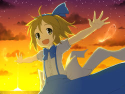 Rule 34 | 1girl, alice margatroid, alice margatroid (pc-98), blonde hair, female focus, fred04142, hairband, happy, mystic square, outstretched arms, sky, smile, solo, spread arms, sunset, touhou, touhou (pc-98), upper body, yellow eyes