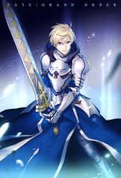 Rule 34 | 1boy, absurdres, aqua eyes, armor, armored boots, armored dress, arthur pendragon (fate), blonde hair, blue dress, boots, copyright name, dress, esha, fate/grand order, fate/prototype, fate (series), gauntlets, hair between eyes, highres, holding, holding sword, holding weapon, looking at viewer, male focus, parted lips, shoulder armor, solo, pauldrons, standing, sword, weapon
