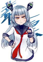 Rule 34 | 1girl, text background, black gloves, black sailor collar, character name, commentary request, cowboy shot, dress, fingerless gloves, floating headgear, gloves, grey hair, hair ribbon, hand on own hip, headgear, kantai collection, long hair, looking at viewer, murakumo (kancolle), necktie, orange eyes, red necktie, ribbon, sailor collar, sailor dress, short eyebrows, sidelocks, solo, tress ribbon, udukikosuke, white background