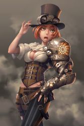 Rule 34 | 1girl, breasts, buckle, cleavage, corset, cowboy shot, hat, hat tip, highres, holster, ikegami noroshi, mechanical arms, medium breasts, original, pants, red hair, resized, short hair, single mechanical arm, solo, steampunk, third-party edit, top hat