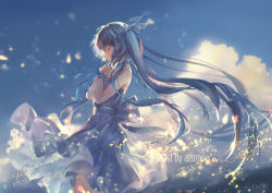Rule 34 | 1girl, aqua hair, arm ribbon, artist name, azomo, blue ribbon, dress, english text, closed eyes, from side, glowing, hatsune miku, highres, light particles, long hair, own hands together, parted lips, profile, revision, ribbon, solo, twintails, very long hair, vocaloid