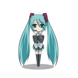 Rule 34 | 1girl, animated, animated gif, aqua eyes, aqua hair, aqua necktie, black thighhighs, blinking, blouse, collared shirt, detached sleeves, eyes visible through hair, grey shirt, hair between eyes, hatsune miku, long hair, looking at viewer, lowres, maid koubou, microphone, necktie, own hands clasped, own hands together, shadow, shirt, simple background, skirt, sleeveless, sleeveless shirt, solo, standing, thighhighs, twintails, very long hair, vocaloid, white background