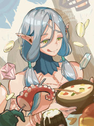 Rule 34 | 1boy, alcohol, beer, blue hair, coin, doseki89, dungeon meshi, elf, food, gem, gold coin, green eyes, high collar, highres, lysion, notched ear, pointy ears, skewer, slit pupils, solo focus, soup, tattoo, tongue, tongue out, twintails