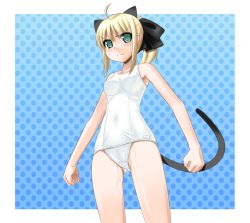 Rule 34 | 00s, 1girl, alternate costume, animal ears, artoria pendragon (all), artoria pendragon (fate), blonde hair, blush, breasts, capcom, fate/stay night, fate/unlimited codes, fate (series), female focus, green eyes, hair ribbon, one-piece swimsuit, ponytail, ribbon, saber (fate), saber lily, school swimsuit, solo, sugar (sugarless), swimsuit, tail, wet, white school swimsuit, white one-piece swimsuit