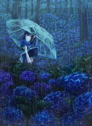 Rule 34 | 1girl, absurdres, black hair, blue flower, blue hair, blue theme, commentary, expressionless, flower, forest, hair between eyes, hakka (mint), highres, holding, holding flower, holding umbrella, hydrangea, leaf, long hair, looking at viewer, multicolored hair, nature, neckerchief, original, outdoors, pale skin, plant, rain, sailor collar, scenery, short sleeves, solo, transparent, transparent umbrella, tree, two-tone hair, umbrella, upper body, water, white neckerchief, white sailor collar, wide shot